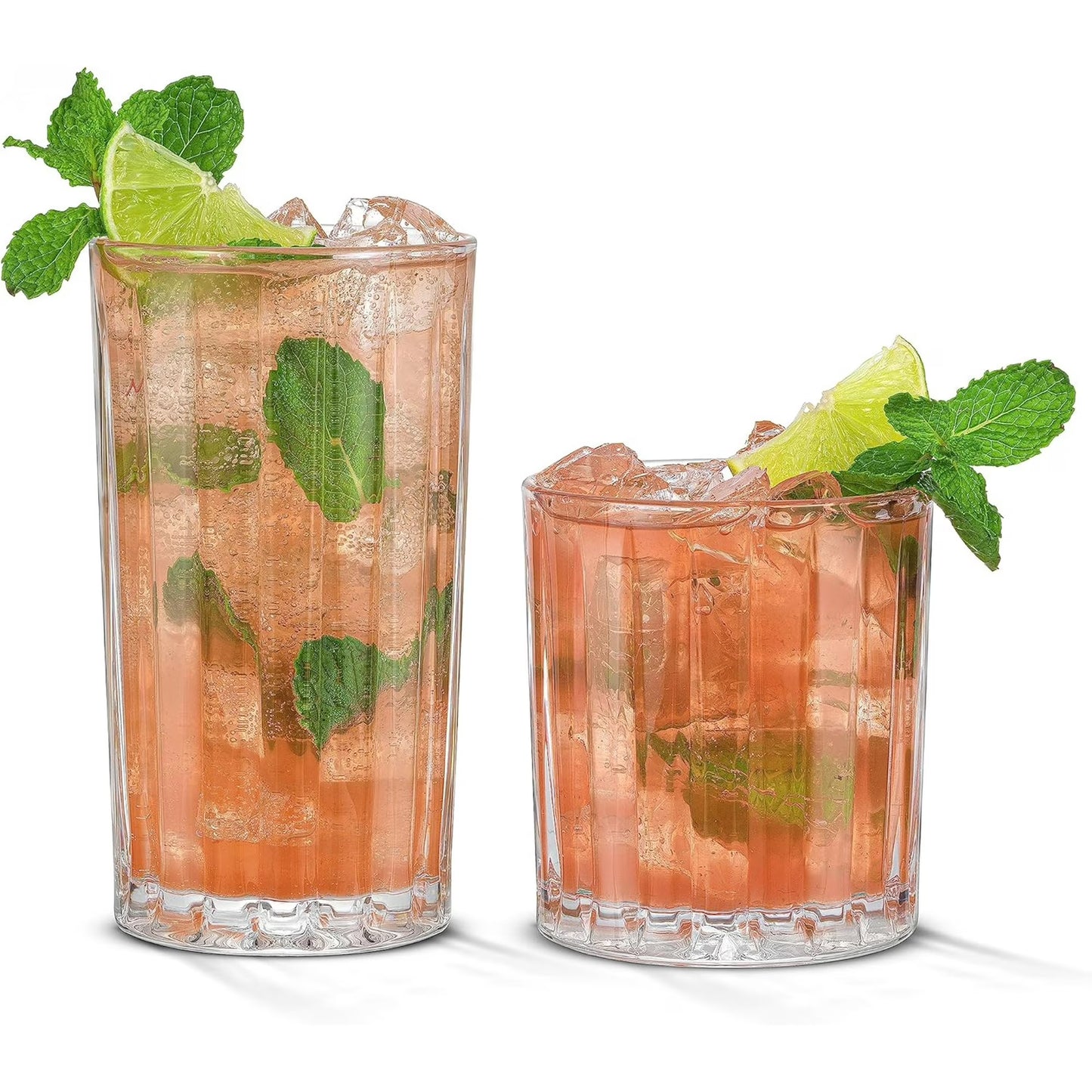 JoyJolt Alina Clear Ribbed Glass Drinking Glass Set, Highball Glasses and Tumbler Glasses - Set of 15