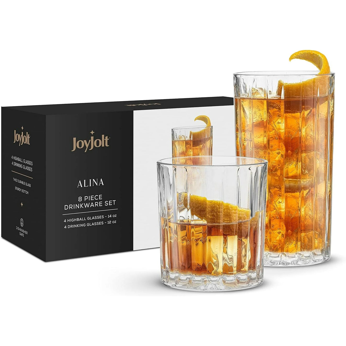 JoyJolt Alina Clear Ribbed Glass Drinking Glass Set, Highball Glasses and Tumbler Glasses - Set of 15