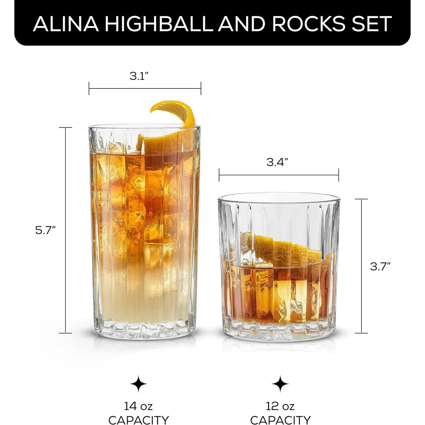 JoyJolt Alina Clear Ribbed Glass Drinking Glass Set, Highball Glasses and Tumbler Glasses - Set of 15