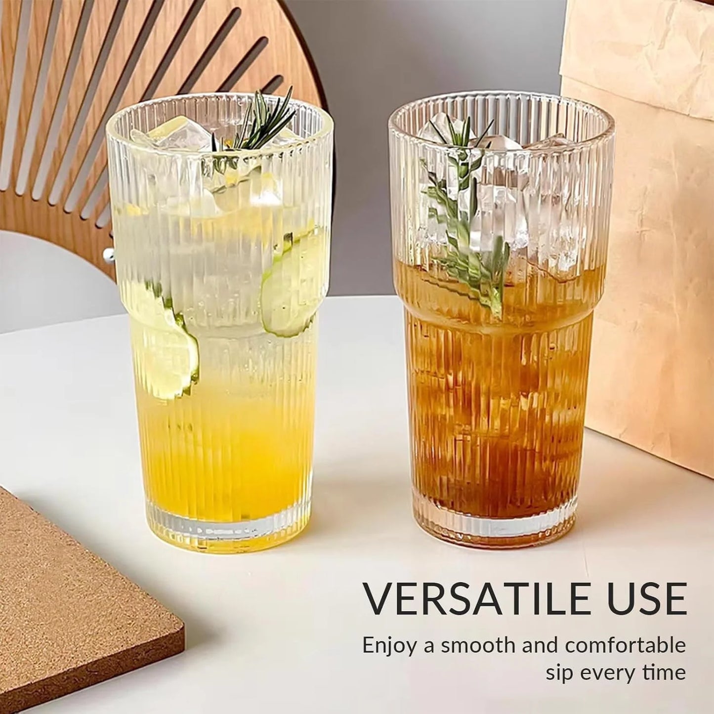 5 Pack 20oz Glass Cups with Lids and Straws, Vintage Ribbed Glassware for Whiskey Cocktail Beer, Mason Jar Drinking Glasses Tumbler Iced Coffee Cup
