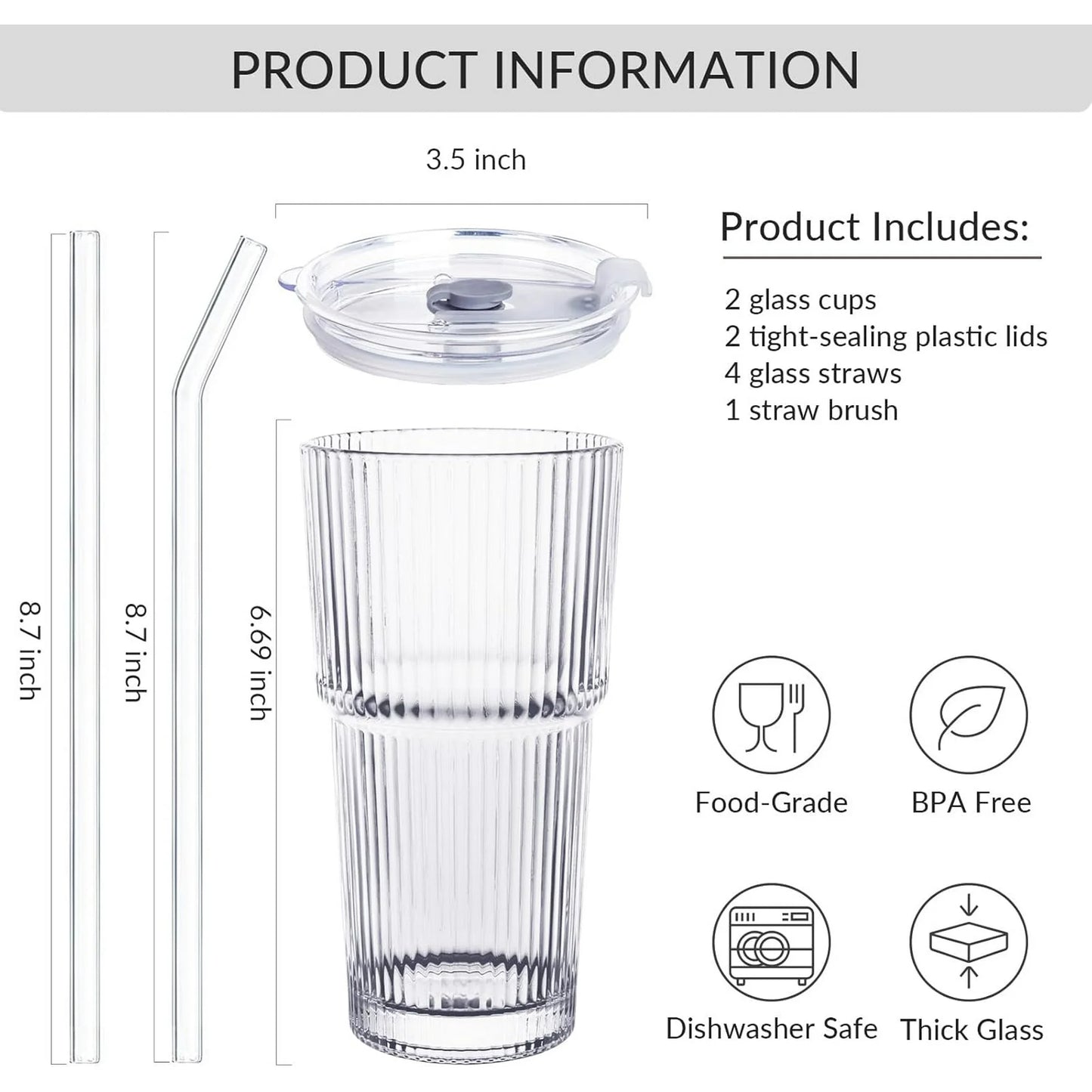 5 Pack 20oz Glass Cups with Lids and Straws, Vintage Ribbed Glassware for Whiskey Cocktail Beer, Mason Jar Drinking Glasses Tumbler Iced Coffee Cup