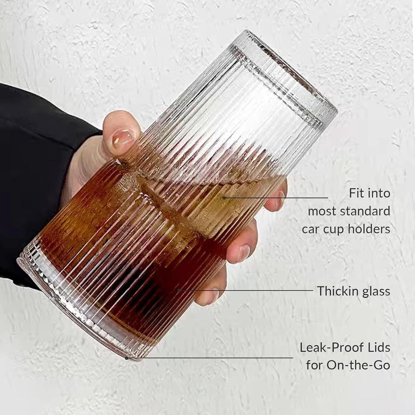 5 Pack 20oz Glass Cups with Lids and Straws, Vintage Ribbed Glassware for Whiskey Cocktail Beer, Mason Jar Drinking Glasses Tumbler Iced Coffee Cup