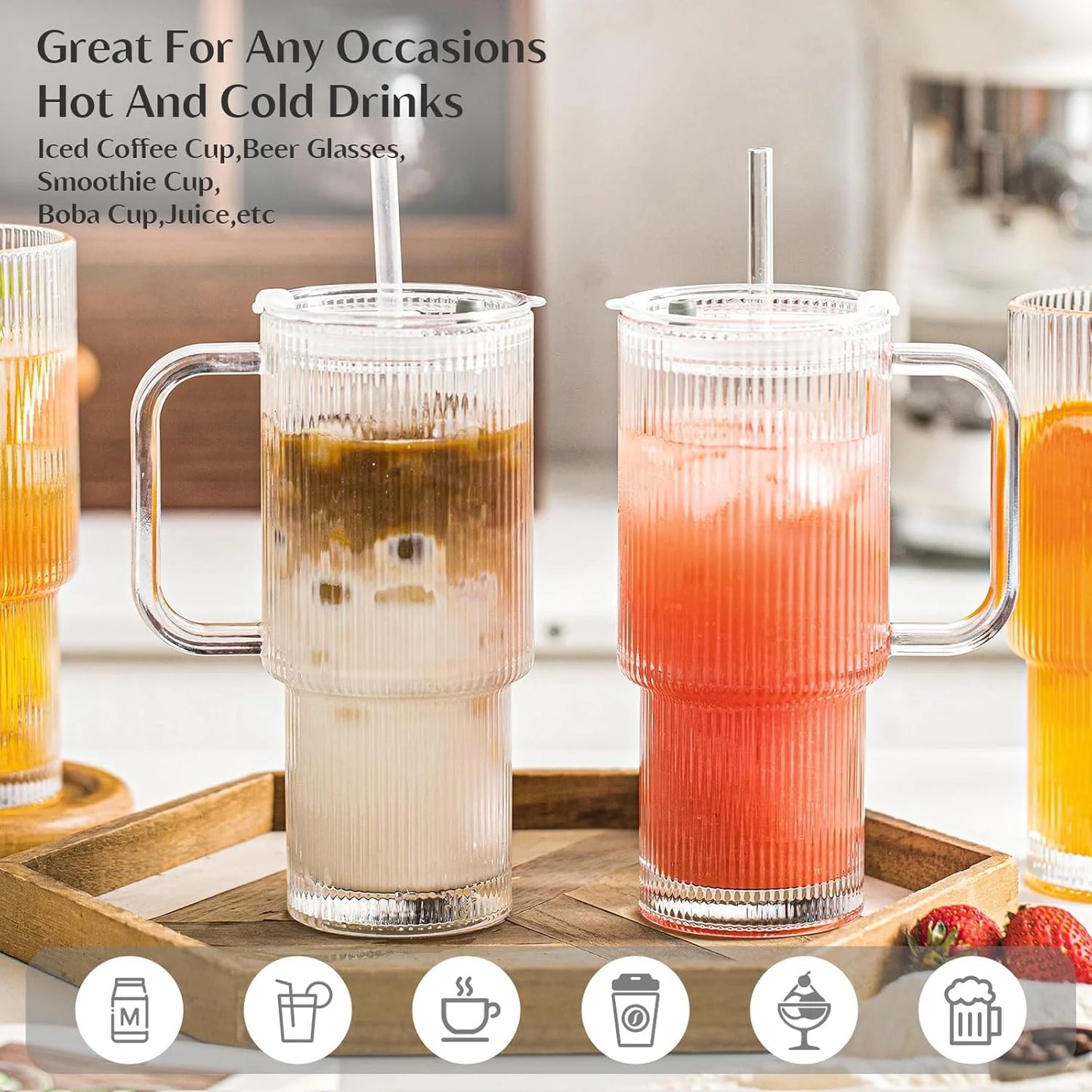 26oz Ribbed Glass Tumbler with Handle & Lid – 5-Pack Large Iced Coffee Cups with Straws, Modern Glass Mug for Cold & Hot Beverages, Aesthetic Travel Cup for Smoothies, Tea, and Juice