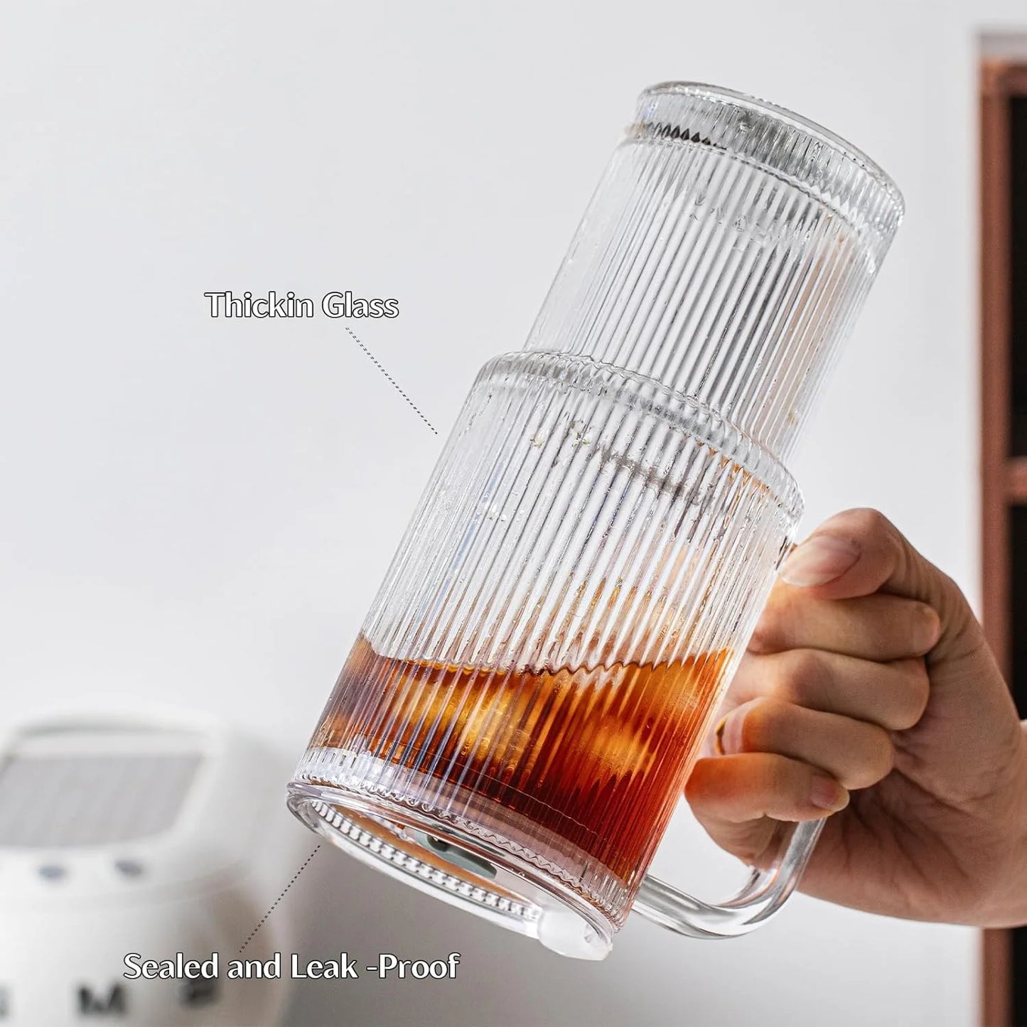26oz Ribbed Glass Tumbler with Handle & Lid – 5-Pack Large Iced Coffee Cups with Straws, Modern Glass Mug for Cold & Hot Beverages, Aesthetic Travel Cup for Smoothies, Tea, and Juice