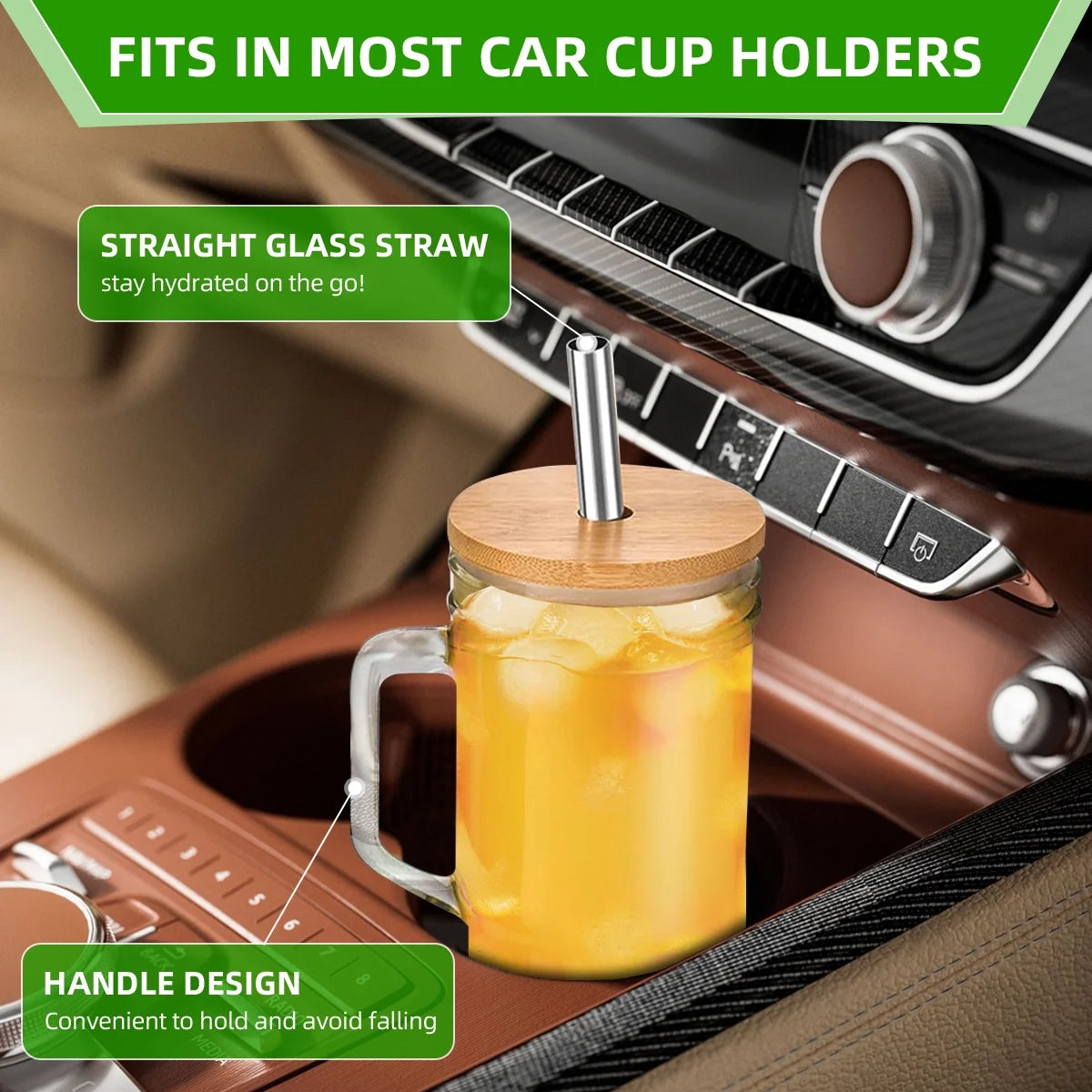 GPED 4 Pack Glass Tumbler with Handle, 25 oz Glass Cups with Bamboo Lids and Straws, Mason Jar with Wide Mouth Reusable Drinking Glasses for Iced Coffee Smoothie Matcha Cocktail Whiskey Milk