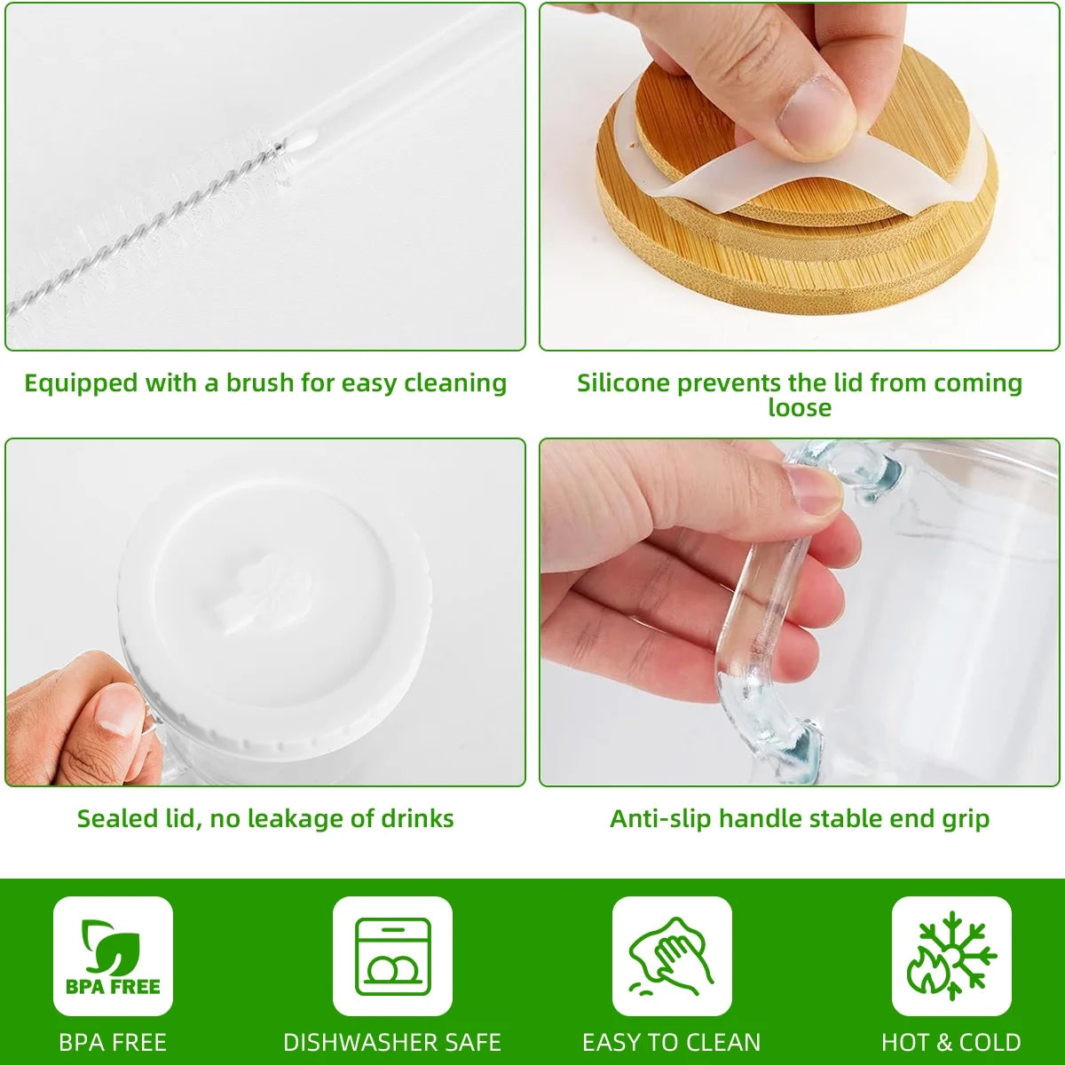 GPED 4 Pack Glass Tumbler with Handle, 25 oz Glass Cups with Bamboo Lids and Straws, Mason Jar with Wide Mouth Reusable Drinking Glasses for Iced Coffee Smoothie Matcha Cocktail Whiskey Milk