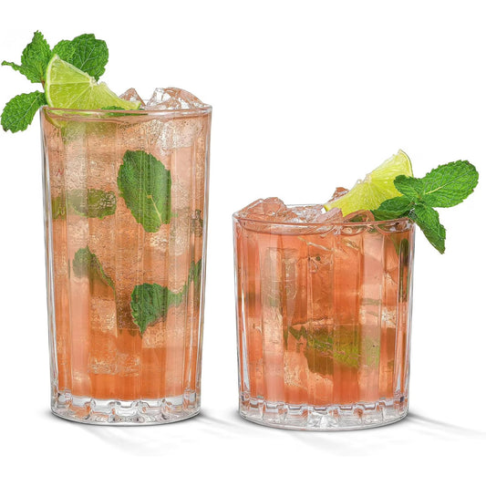JoyJolt Alina Clear Ribbed Glass Drinking Glass Set, Highball Glasses and Tumbler Glasses - Set of 15