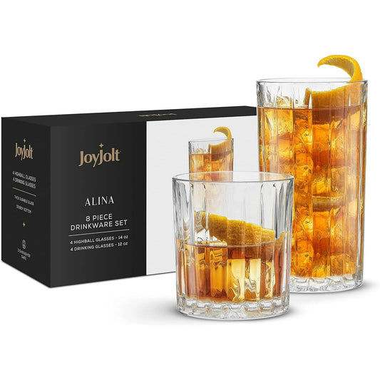 JoyJolt Alina Clear Ribbed Glass Drinking Glass Set, Highball Glasses and Tumbler Glasses - Set of 15