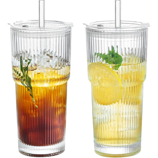 5 Pack 20oz Glass Cups with Lids and Straws, Vintage Ribbed Glassware for Whiskey Cocktail Beer, Mason Jar Drinking Glasses Tumbler Iced Coffee Cup