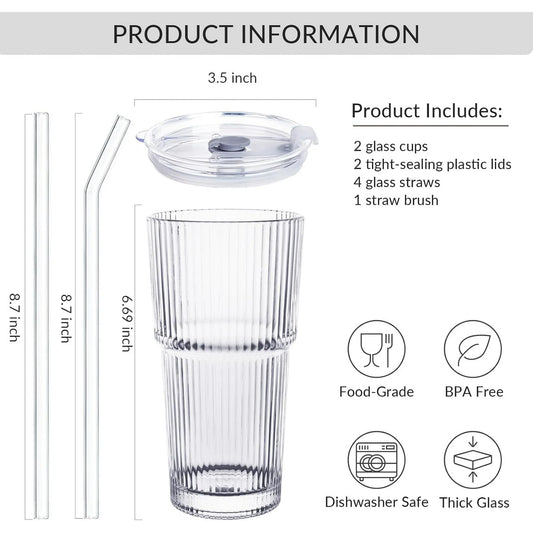 5 Pack 20oz Glass Cups with Lids and Straws, Vintage Ribbed Glassware for Whiskey Cocktail Beer, Mason Jar Drinking Glasses Tumbler Iced Coffee Cup