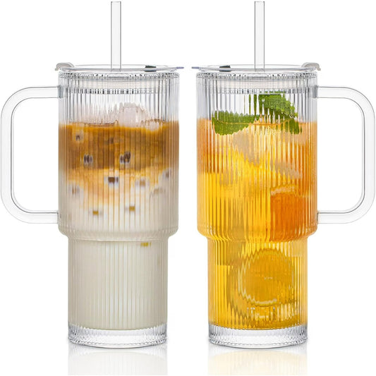 26oz Ribbed Glass Tumbler with Handle & Lid – 5-Pack Large Iced Coffee Cups with Straws, Modern Glass Mug for Cold & Hot Beverages, Aesthetic Travel Cup for Smoothies, Tea, and Juice