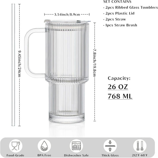 26oz Ribbed Glass Tumbler with Handle & Lid – 5-Pack Large Iced Coffee Cups with Straws, Modern Glass Mug for Cold & Hot Beverages, Aesthetic Travel Cup for Smoothies, Tea, and Juice