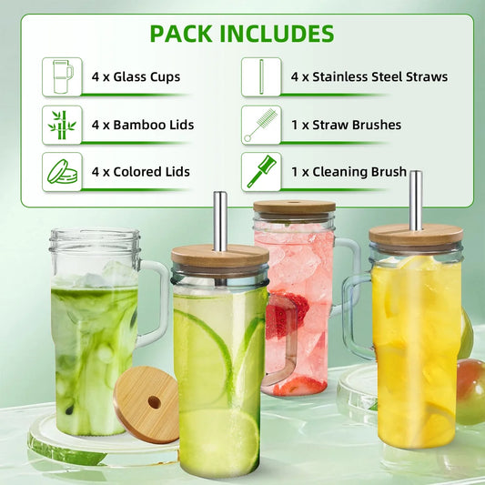 GPED 4 Pack Glass Tumbler with Handle, 25 oz Glass Cups with Bamboo Lids and Straws, Mason Jar with Wide Mouth Reusable Drinking Glasses for Iced Coffee Smoothie Matcha Cocktail Whiskey Milk